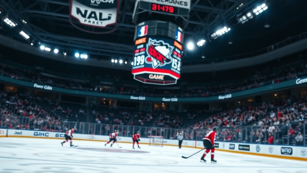 경기 중 시간과 피리어드를 나타내는 전광판과 관중석 전경