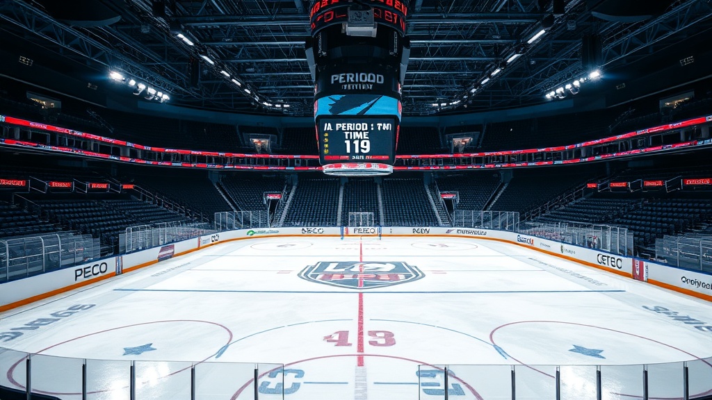 하키 경기장 천장에 설치된 전광판에 피리어드 번호와 남은 시간이 표시되는 모습